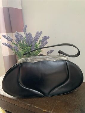 Vntg 1950s Black Leather Evening Bag Sculptural Handbag w/ Marbled Lucite Clasp